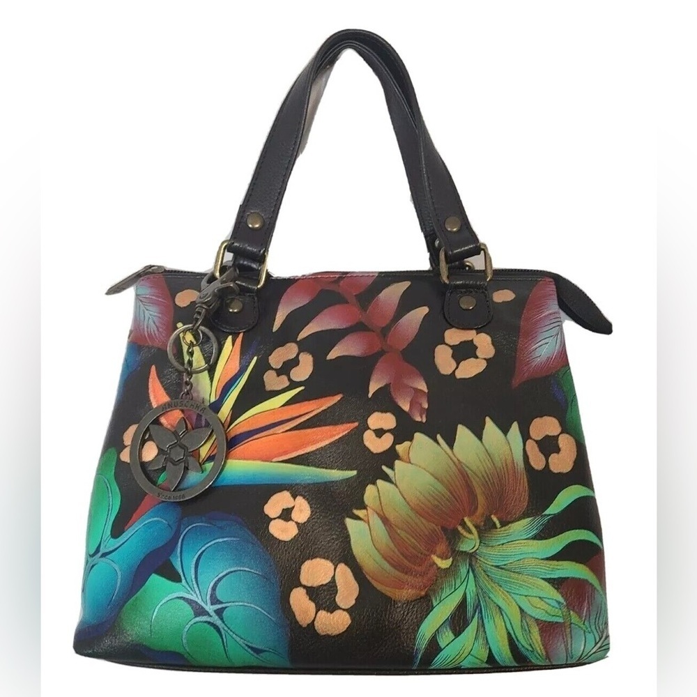 Anuschka Hand-Painted Leather Satchel with Accessories-Tropical Dreams Black